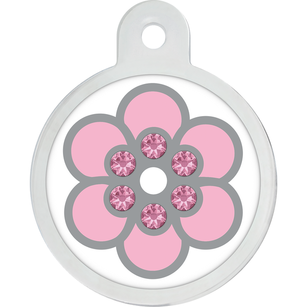 Large White Epoxy Circle Pet ID Tag with Pink Flower