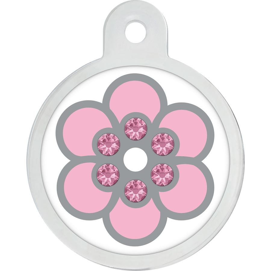 Large White Epoxy Circle Pet ID Tag with Pink Flower