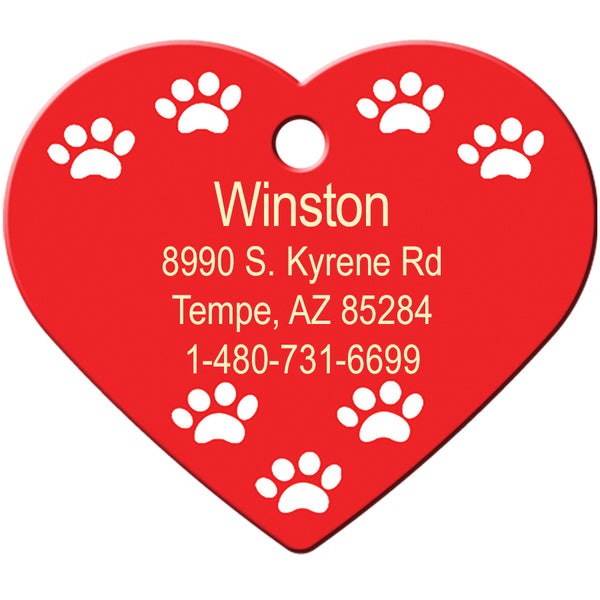 Red and White Paw Print Heart Shape Dog Tag