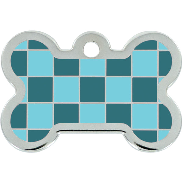 Medium Bone Aqua & Teal Checkered Pet Tag