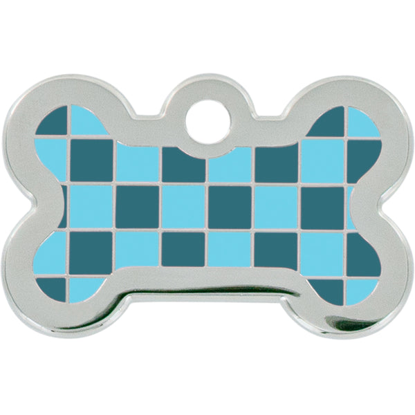 Small Bone Aqua & Teal Checkered Pet Tag