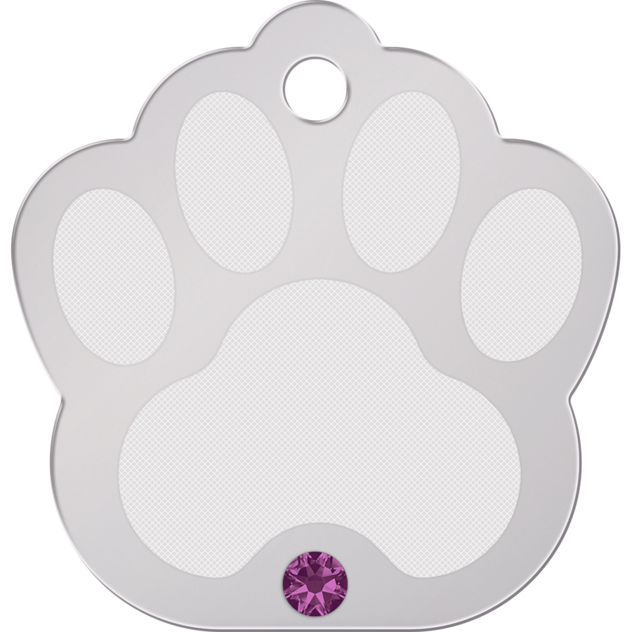 Chrome Etch Large Paw with Pink Crystal Pet ID Tag