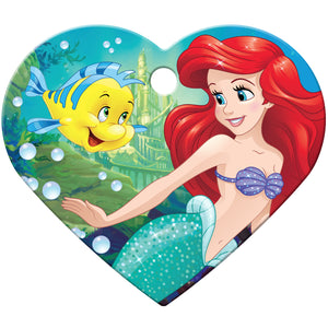 Officially licensed Disney's The Little Mermaid Pet ID Tag featuring Princess Ariel and Flounder. Brass Tag with custom engraving available on backside of tag.