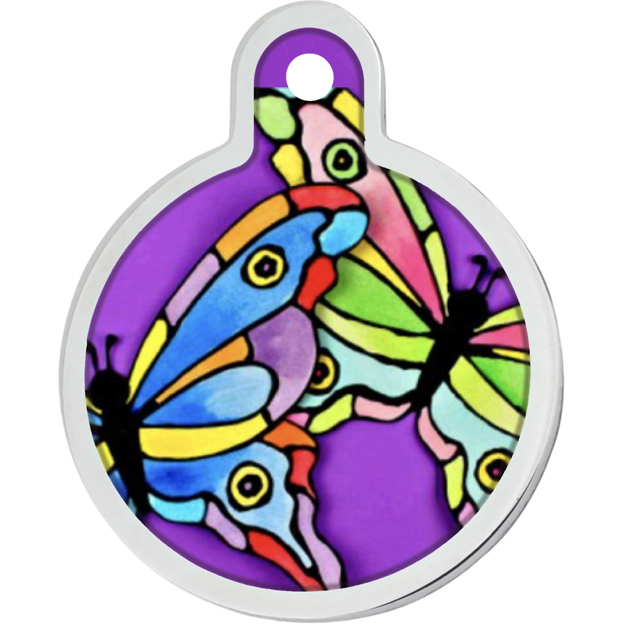 Stained Glass Butterfly Large Circle Raised Edge Pet ID Tag