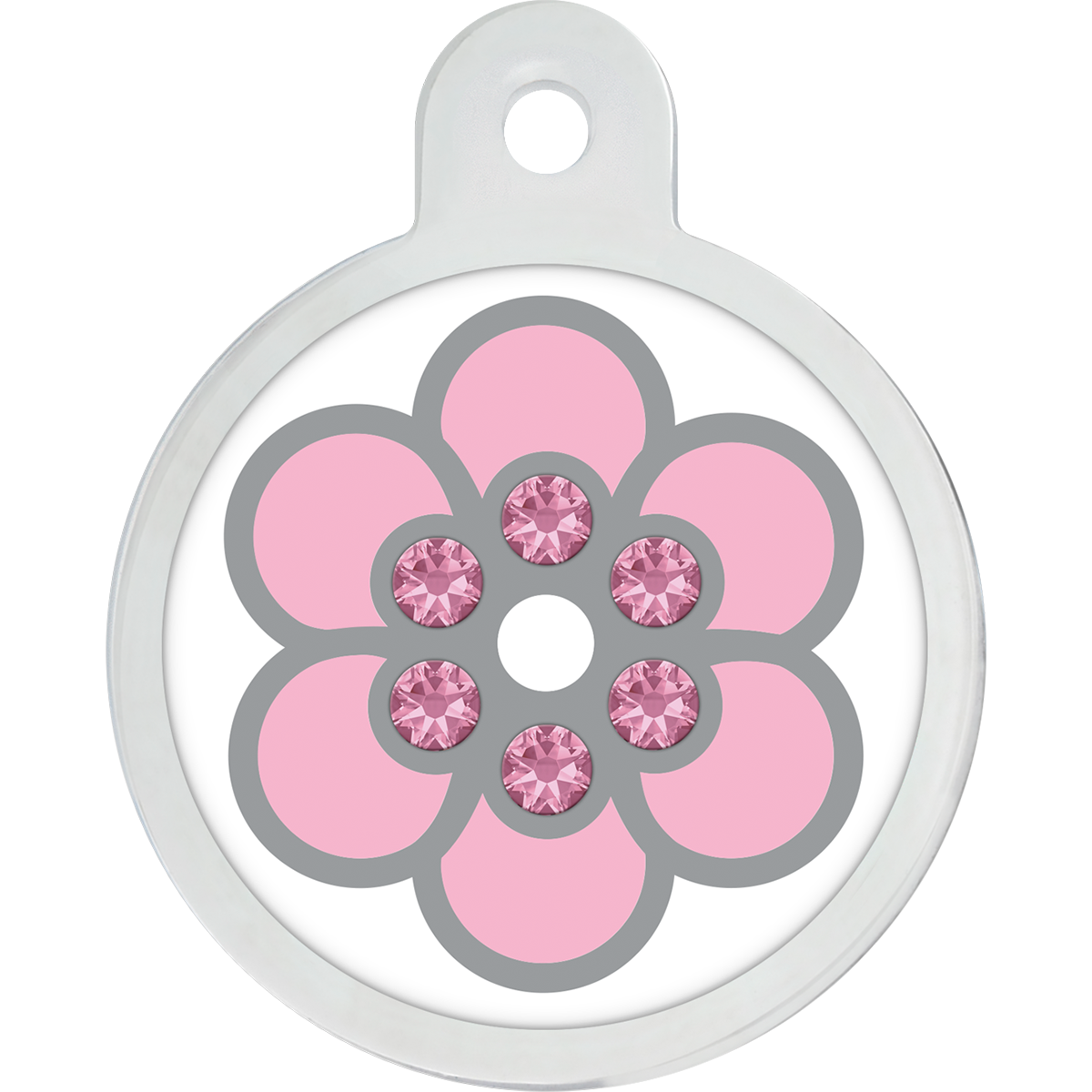 Large White Epoxy Circle Pet ID Tag with Pink Flower Quick Tag
