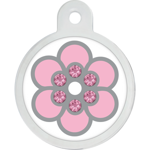 Large White Epoxy Circle Pet ID Tag with Pink Flower